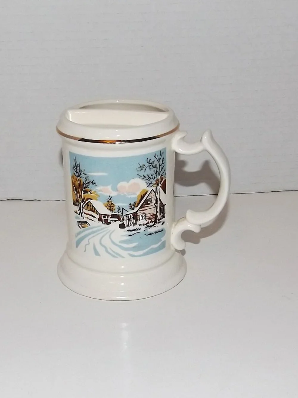 Vintage Ceramic Ornate Handle Shaving Mug Winter Farm Scene Japan